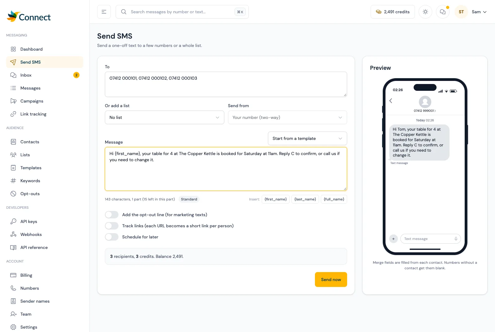 The CaptiFi Connect Send SMS page with a text being written and its part and credit count