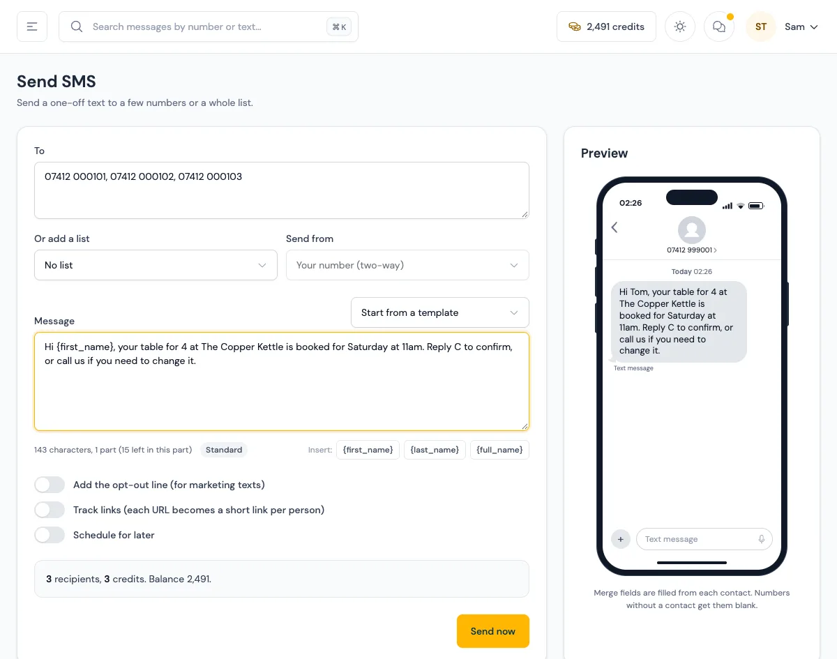 The Send SMS page, with a message being written and its character, part and credit count underneath